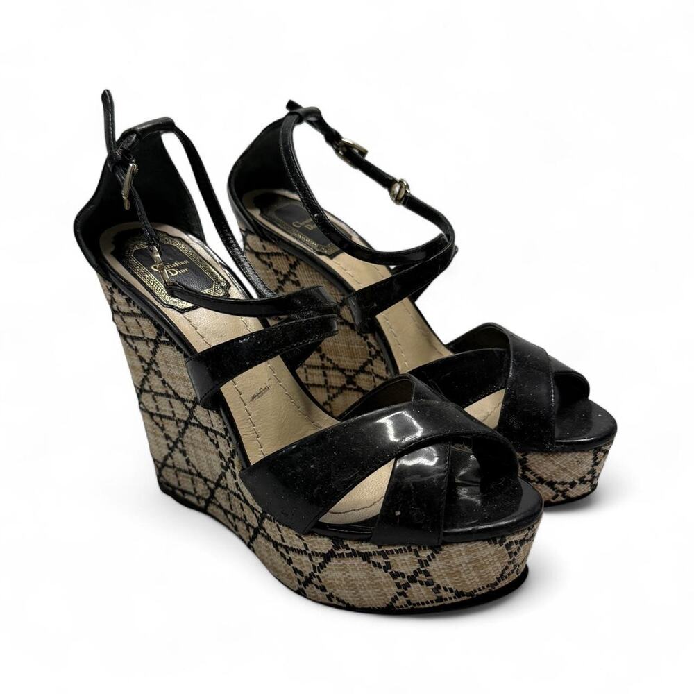 Christian Dior black patent leather wedge sandal beige black diamond size 36 1/3
